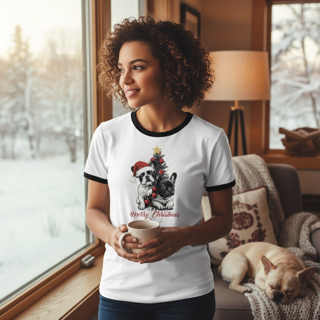Frenchie Christmas Ringer T-Shirt | Unisex Retro Holiday Shirt | French Bulldog Merry Christmas Tee | Dog Lover Gift