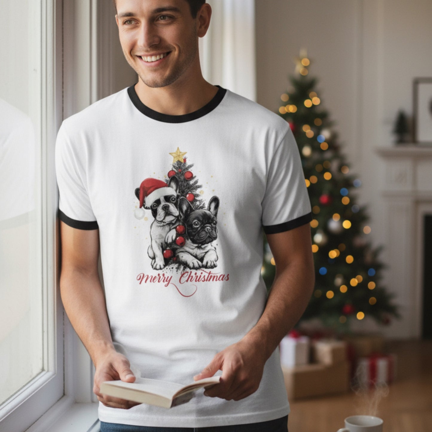 Frenchie Christmas Ringer T-Shirt | Unisex Retro Holiday Shirt | French Bulldog Merry Christmas Tee | Dog Lover Gift