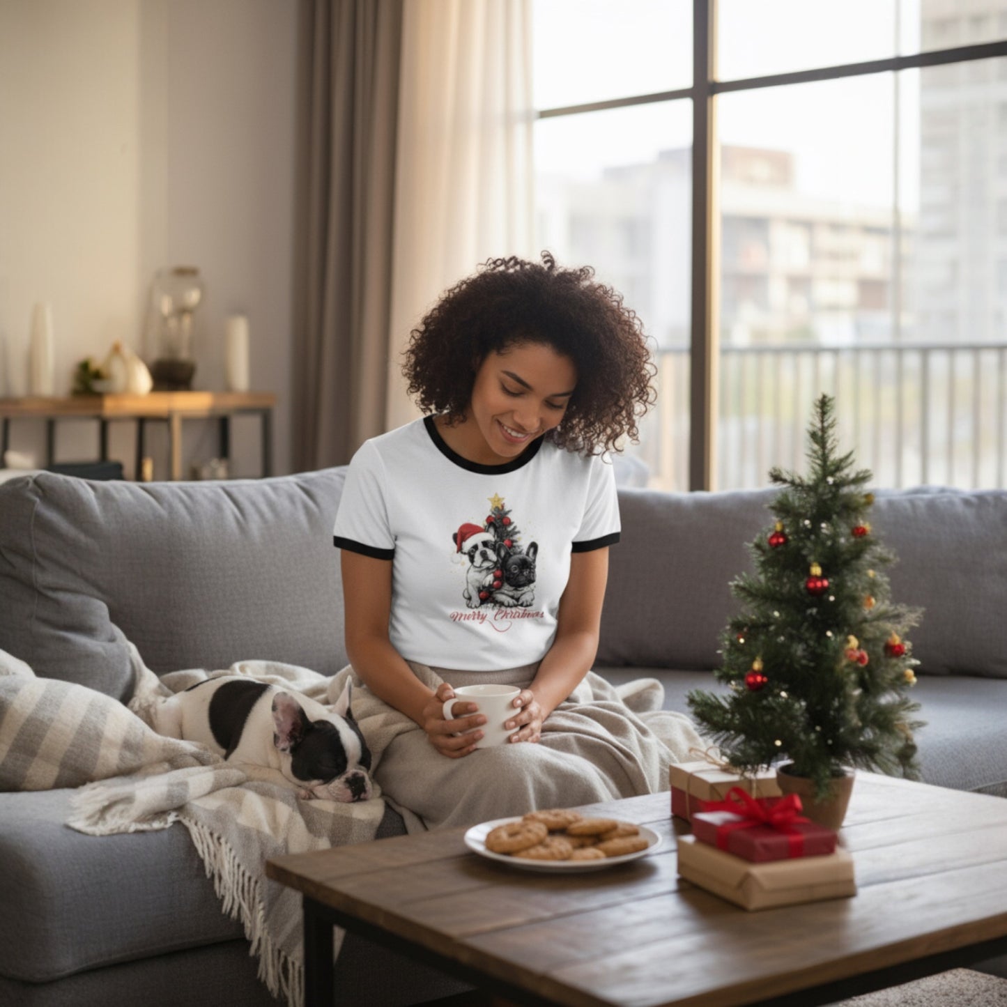 Frenchie Christmas Ringer T-Shirt | Unisex Retro Holiday Shirt | French Bulldog Merry Christmas Tee | Dog Lover Gift