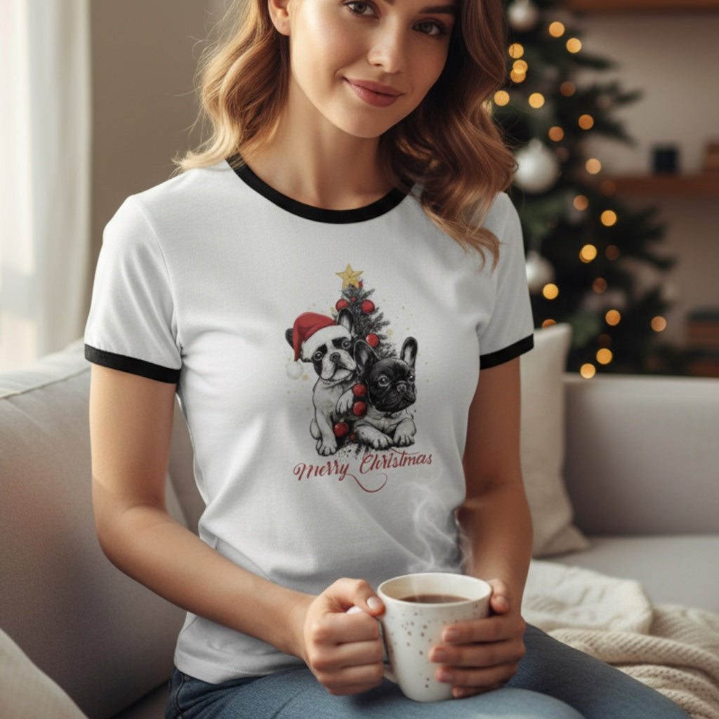 Frenchie Christmas Ringer T-Shirt | Unisex Retro Holiday Shirt | French Bulldog Merry Christmas Tee | Dog Lover Gift