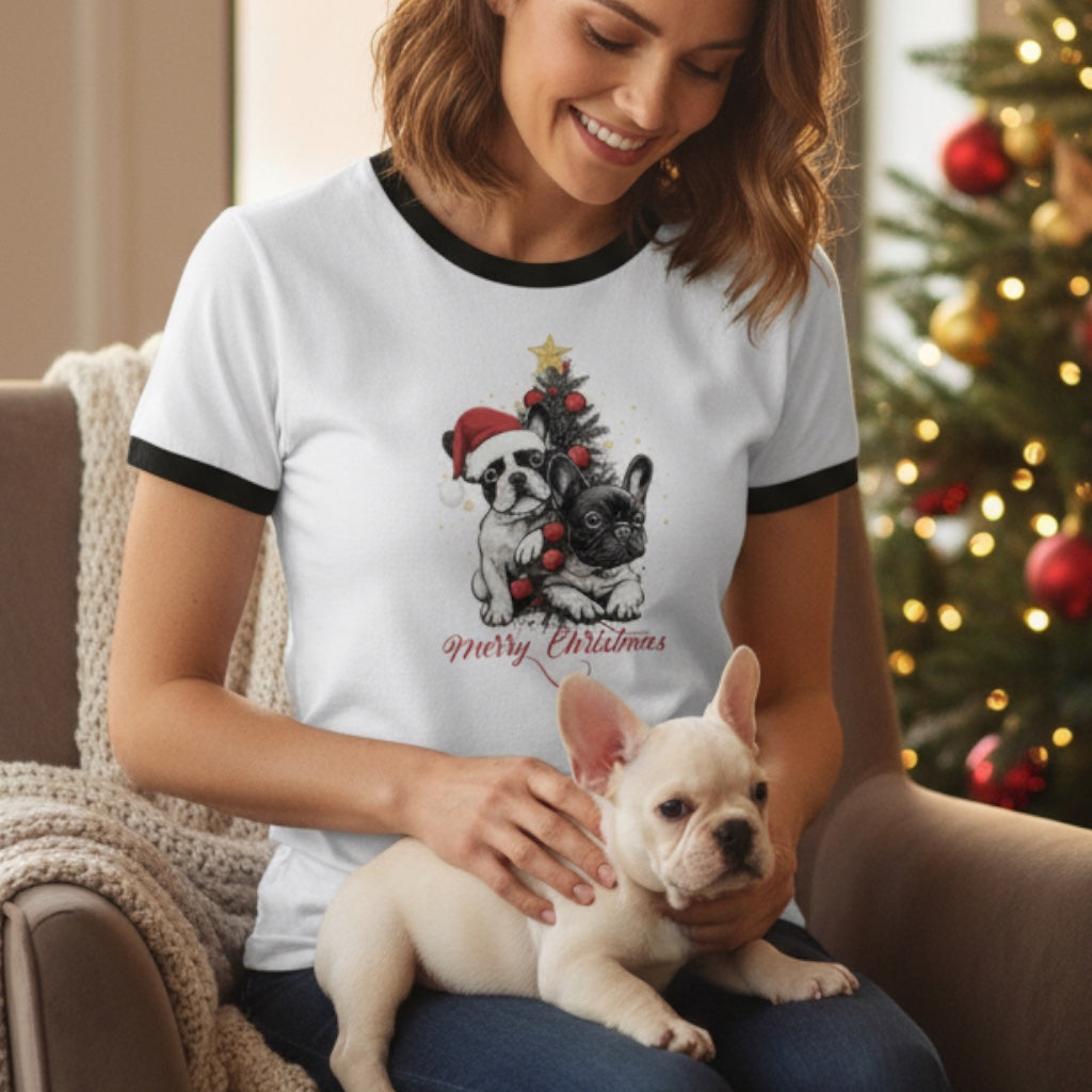 Frenchie Christmas Ringer T-Shirt | Unisex Retro Holiday Shirt | French Bulldog Merry Christmas Tee | Dog Lover Gift