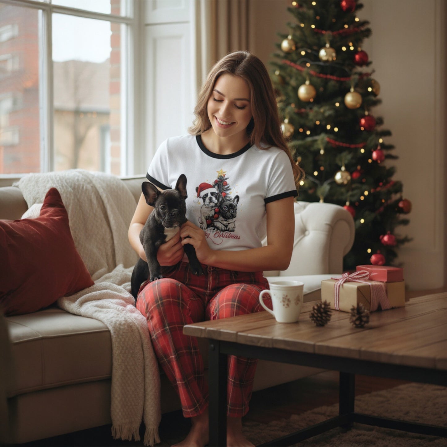 Frenchie Christmas Ringer T-Shirt | Unisex Retro Holiday Shirt | French Bulldog Merry Christmas Tee | Dog Lover Gift