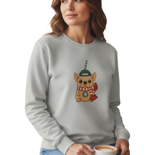 French Bulldog Christmas Cup Sweatshirt | Cozy Organic Midweight Sweatshirt | Cute Frenchie Holiday Sweater for Dog Lovers & Frenchie Moms