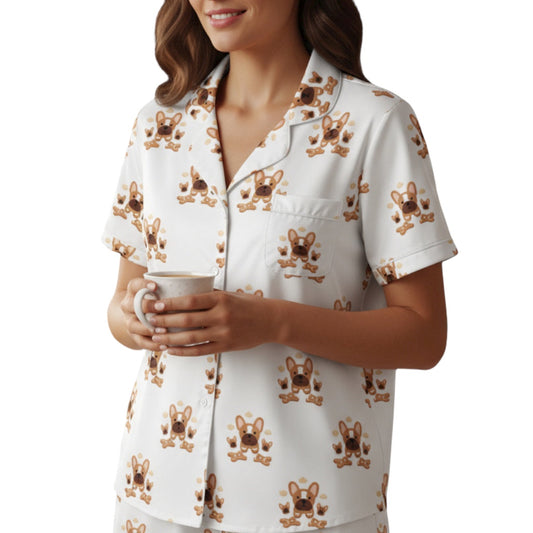 French Bulldog Gingerbread Cookie Pajama Top | Women’s All-Over Print Christmas Sleep Shirt | Silky Holiday PJs for Dog Lovers
