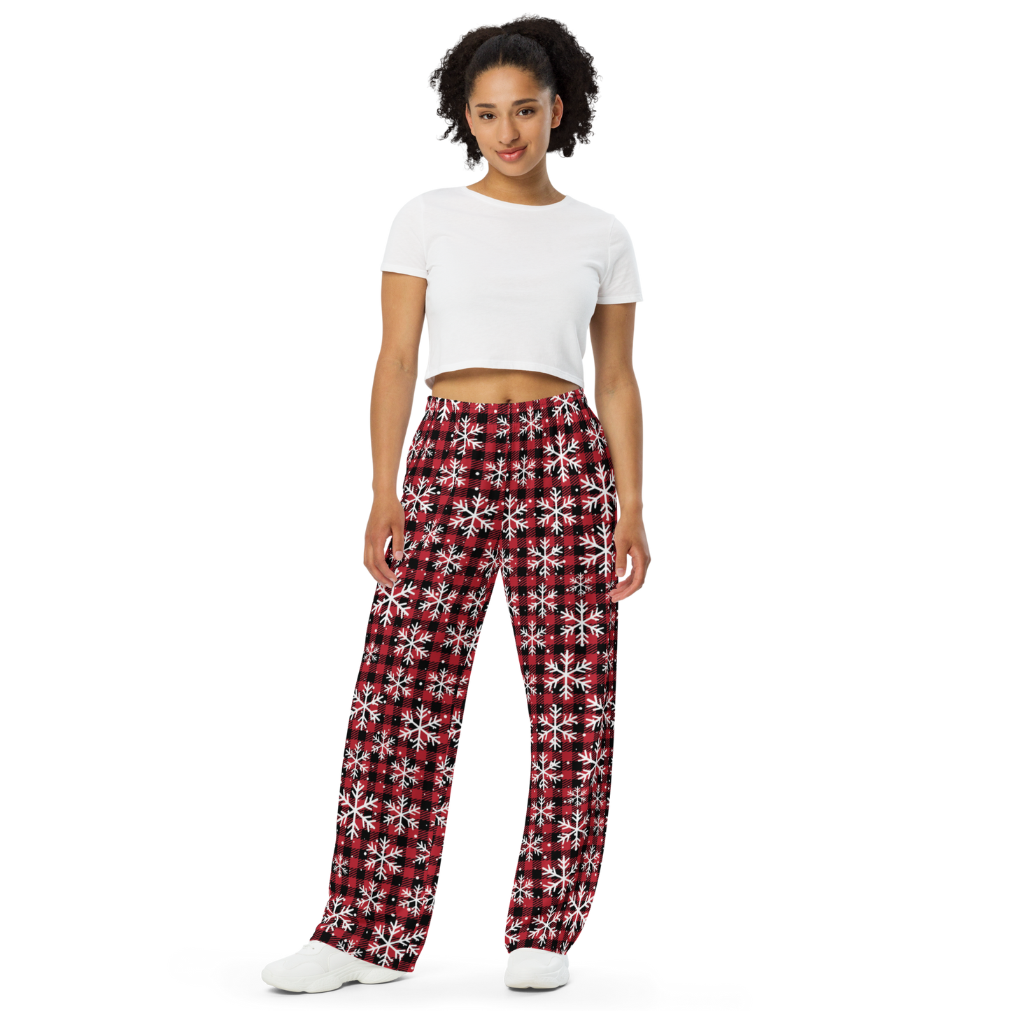 Red Plaid Snowflake Unisex Pajama Pants: Cozy Christmas Holiday Lounge Wear