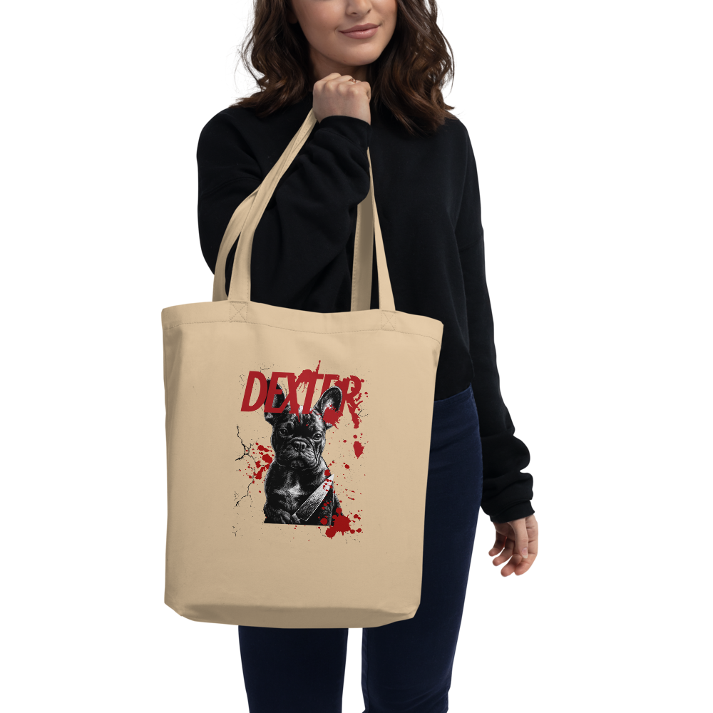Dexter French Bulldog Organic Cotton Tote Bag | Funny Dark Humor Dog Lover Gift | Reusable Eco Shopping Bag | Frenchie Mom Halloween Tote