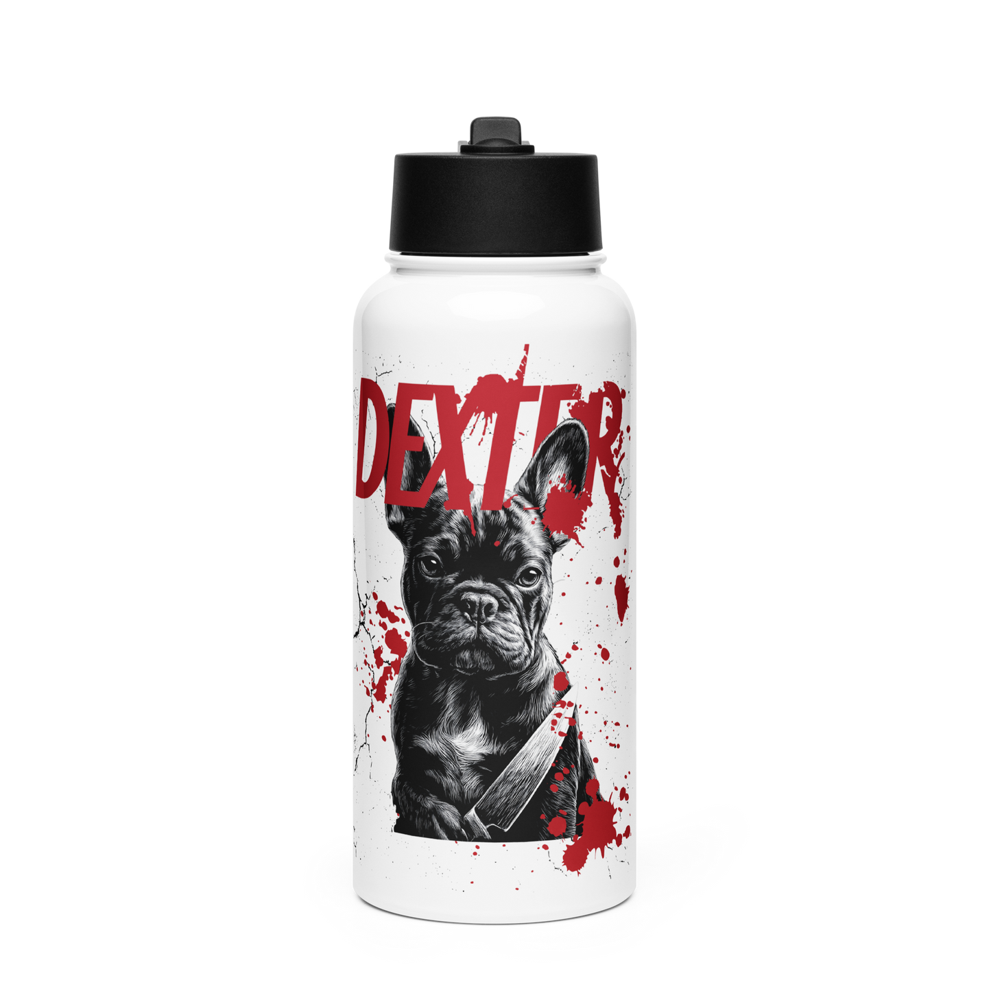 Dexter French Bulldog Stainless Steel Water Bottle | Funny Dark Humor Dog Lover Gift | 32 oz Vacuum Insulated Flask with Straw | Frenchie Mom or Dad Hydration Bottle