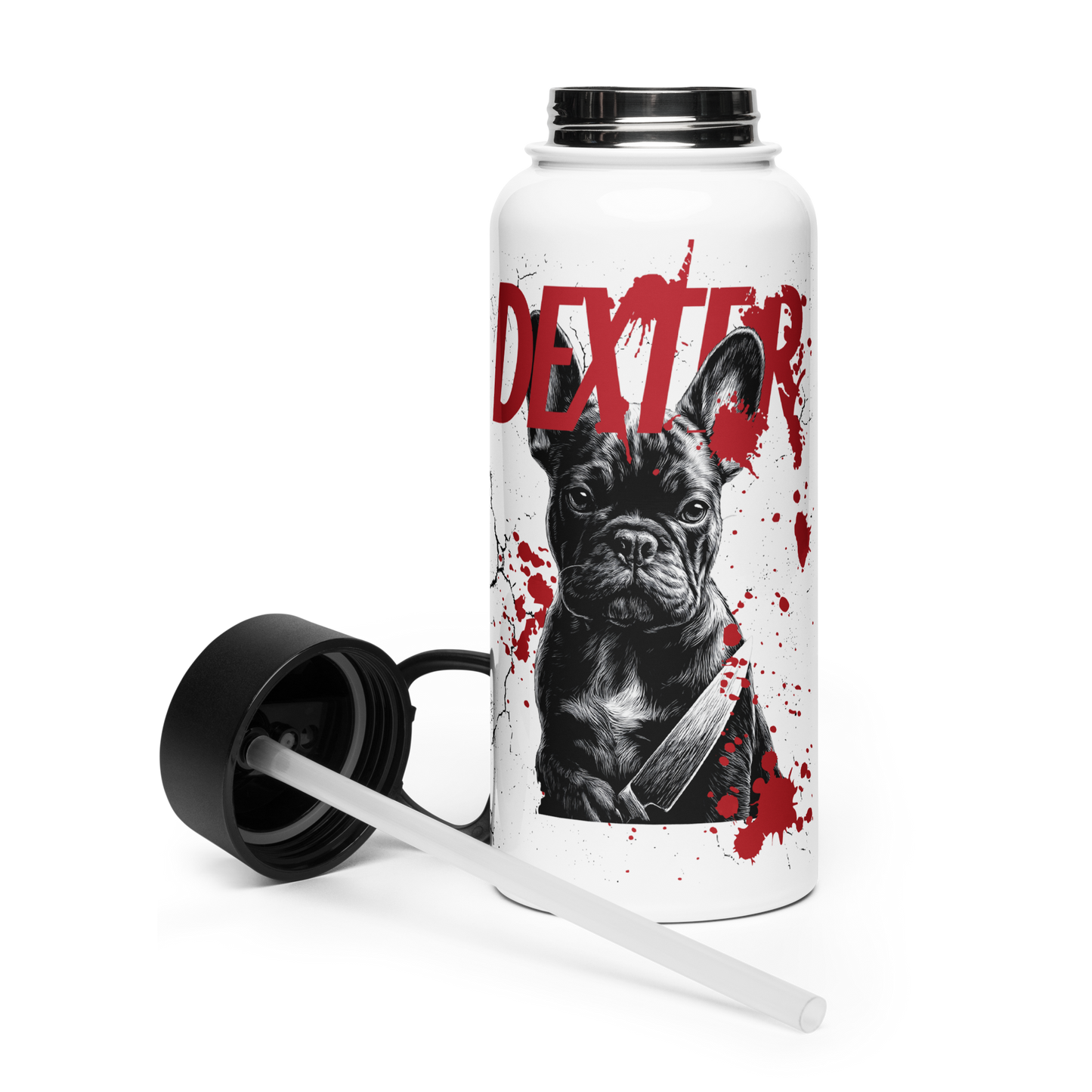 Dexter French Bulldog Stainless Steel Water Bottle | Funny Dark Humor Dog Lover Gift | 32 oz Vacuum Insulated Flask with Straw | Frenchie Mom or Dad Hydration Bottle