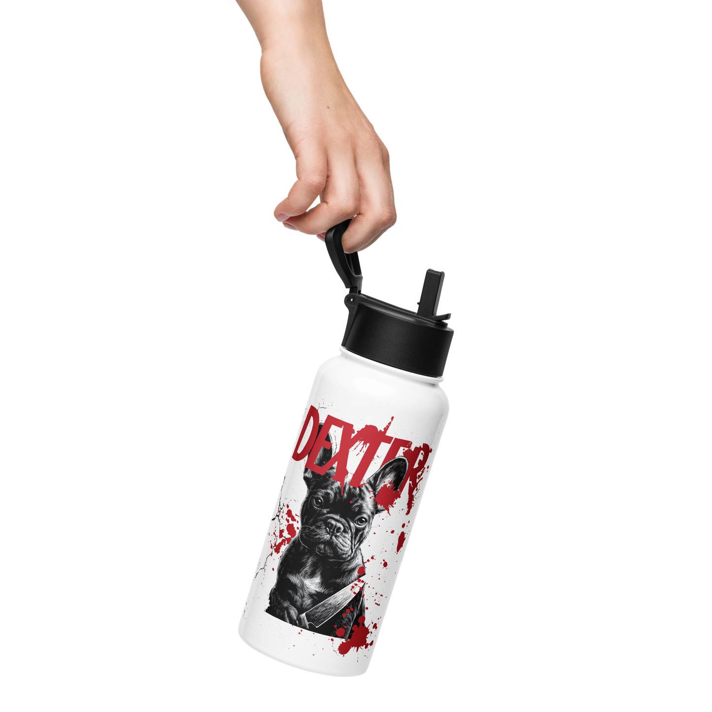 Dexter French Bulldog Stainless Steel Water Bottle | Funny Dark Humor Dog Lover Gift | 32 oz Vacuum Insulated Flask with Straw | Frenchie Mom or Dad Hydration Bottle