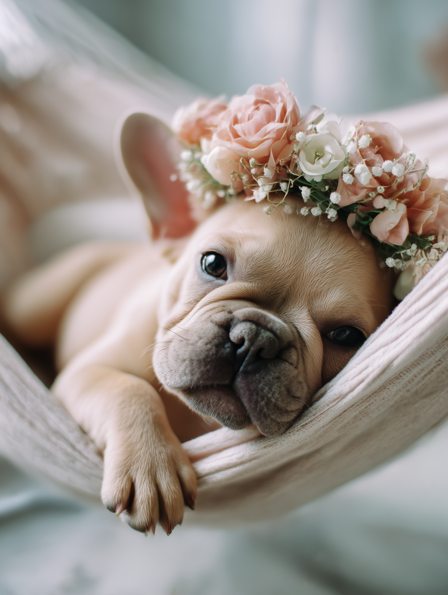 French Bulldog Puppy Print: Flower Crown, Pastel Nursery Art (A2 Poster)