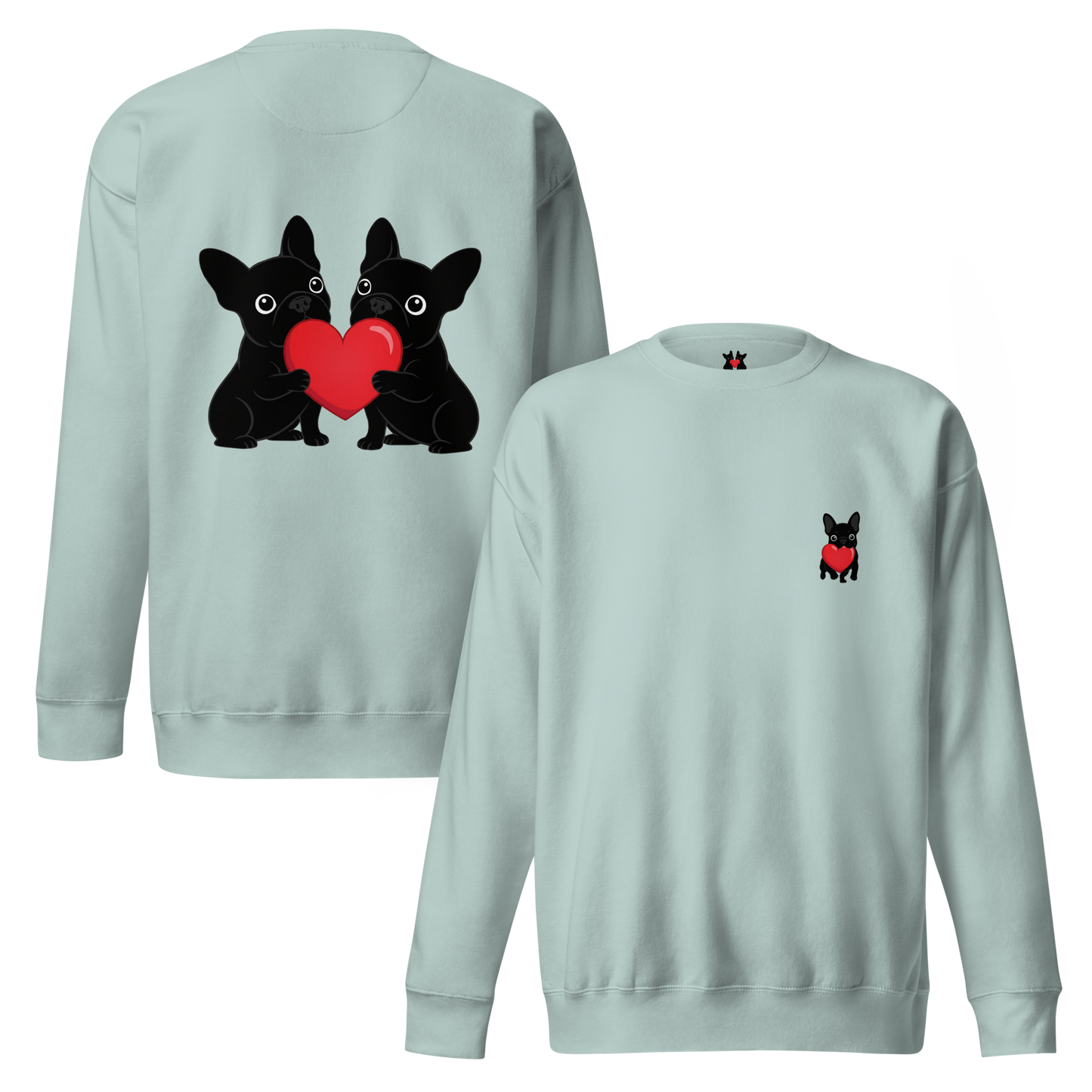 Matching French Bulldog Valentine sweatshirt for couples and dog lovers. Cozy Frenchie couple design, perfect Valentine’s Day gift.