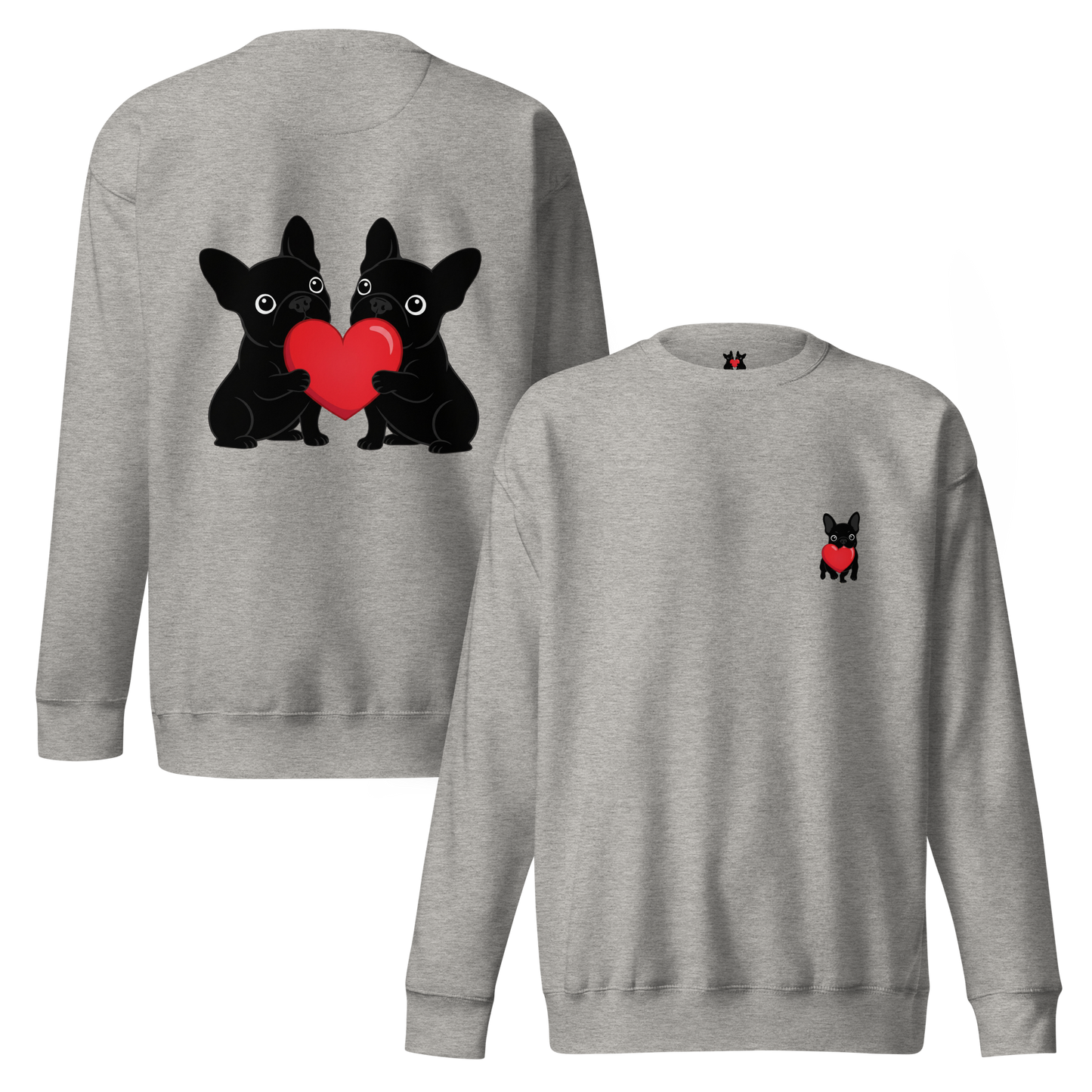 Matching French Bulldog Valentine sweatshirt for couples and dog lovers. Cozy Frenchie couple design, perfect Valentine’s Day gift.