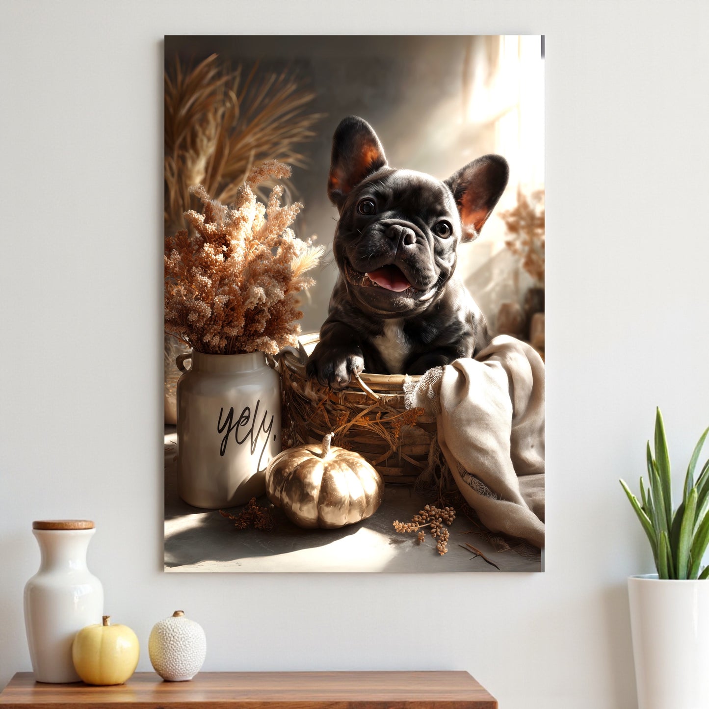 French Bulldog Fall Print: Golden Pumpkin Basket, Cozy Autumn Decor