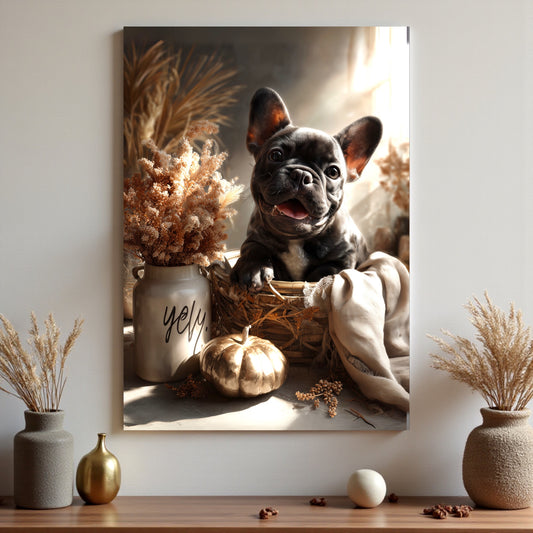 French Bulldog Fall Print: Golden Pumpkin Basket, Cozy Autumn Decor