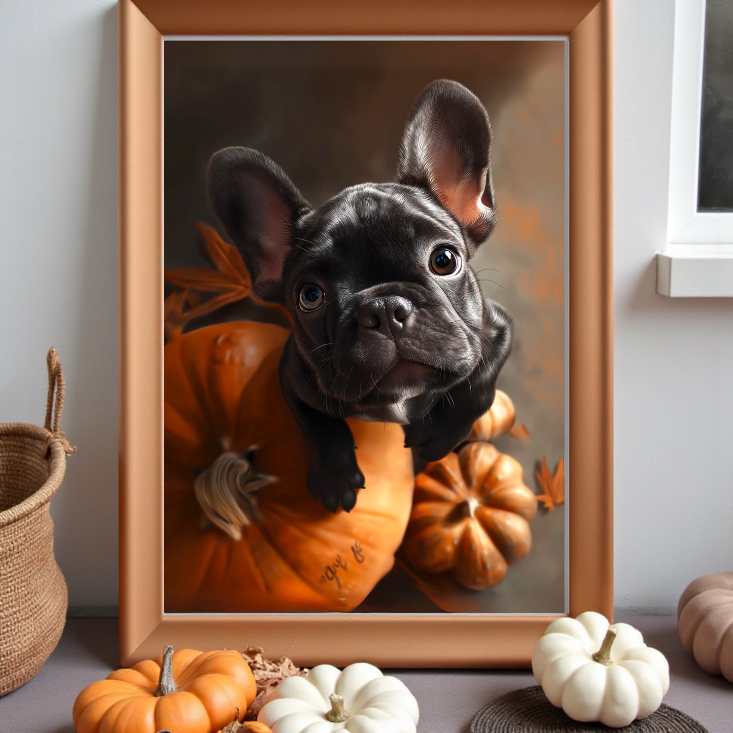 French Bulldog Fall Print: Pumpkin Harvest, Cozy Autumn Decor (A2 Poster)