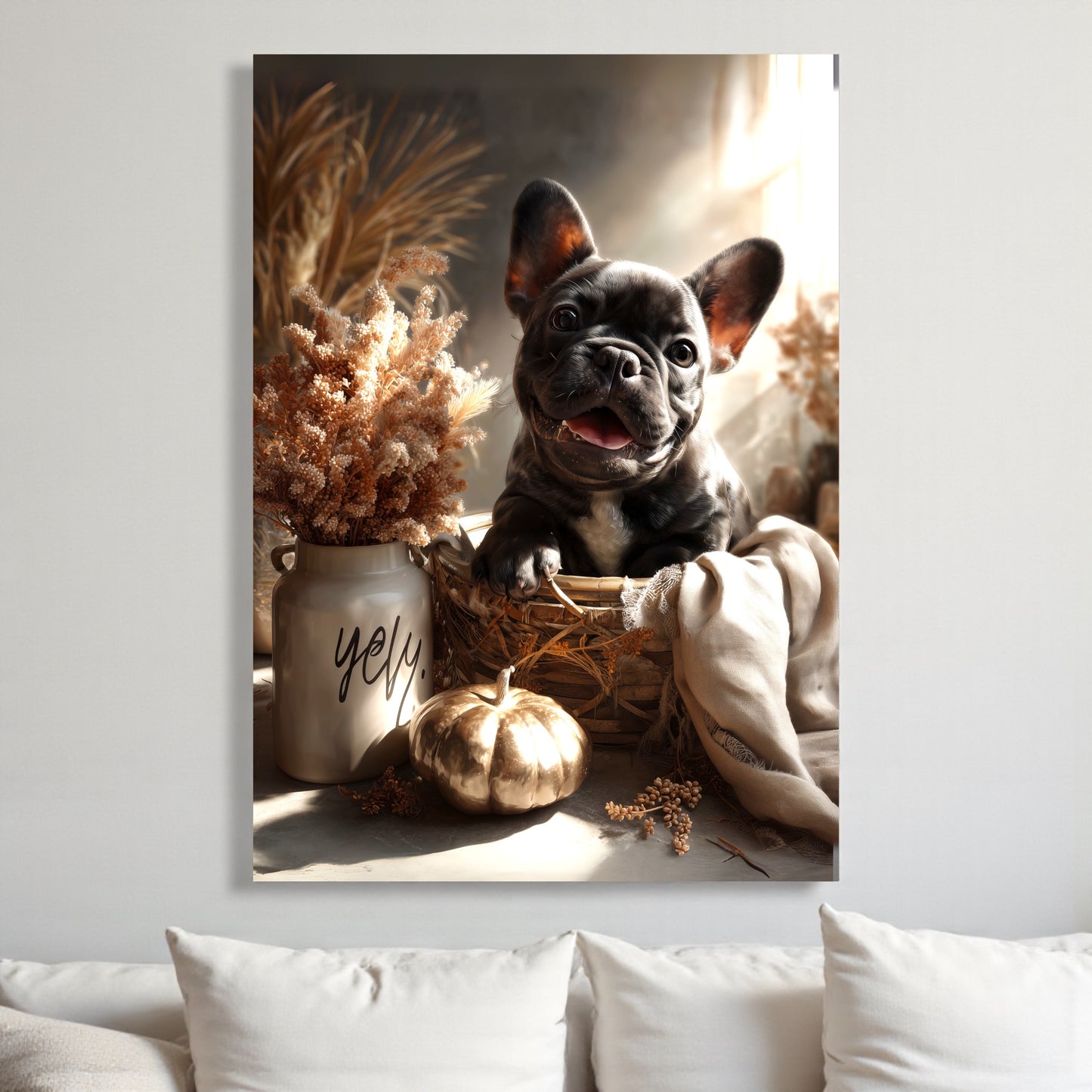 French Bulldog Fall Print: Golden Pumpkin Basket, Cozy Autumn Decor